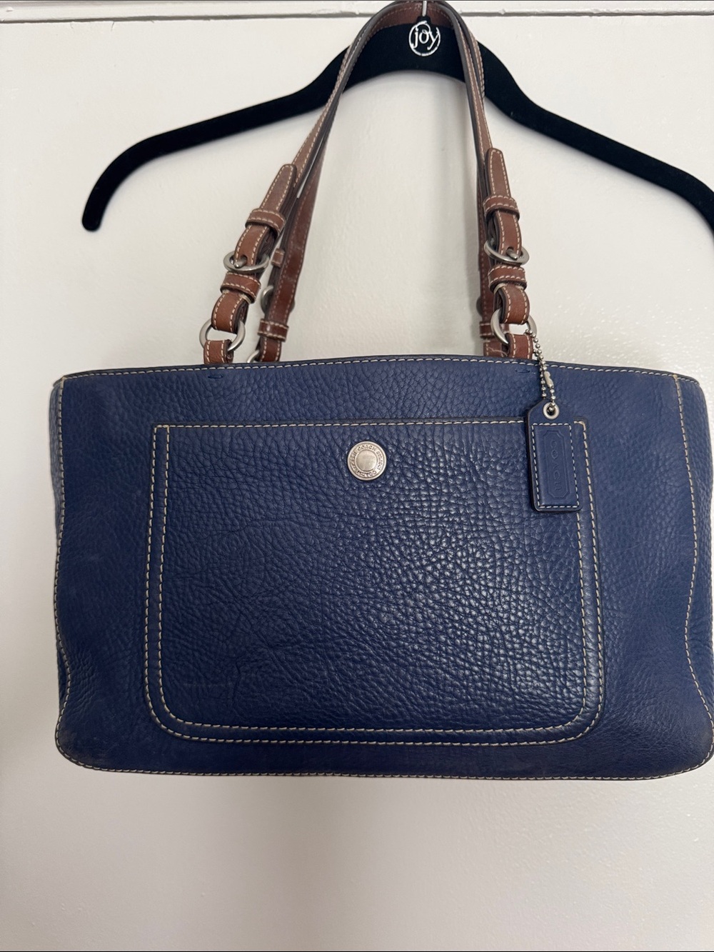 COACH Chelsea Shoulder Bag Pebbled Leather Tote Blue with Brown Strap Accents